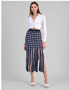 Dark Navy and White Basket Woven Skirt With Thick Fringes and Waistband