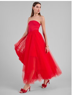 Red Sheer Mesh Skirt With Handkerchief Hem & Removable Liner