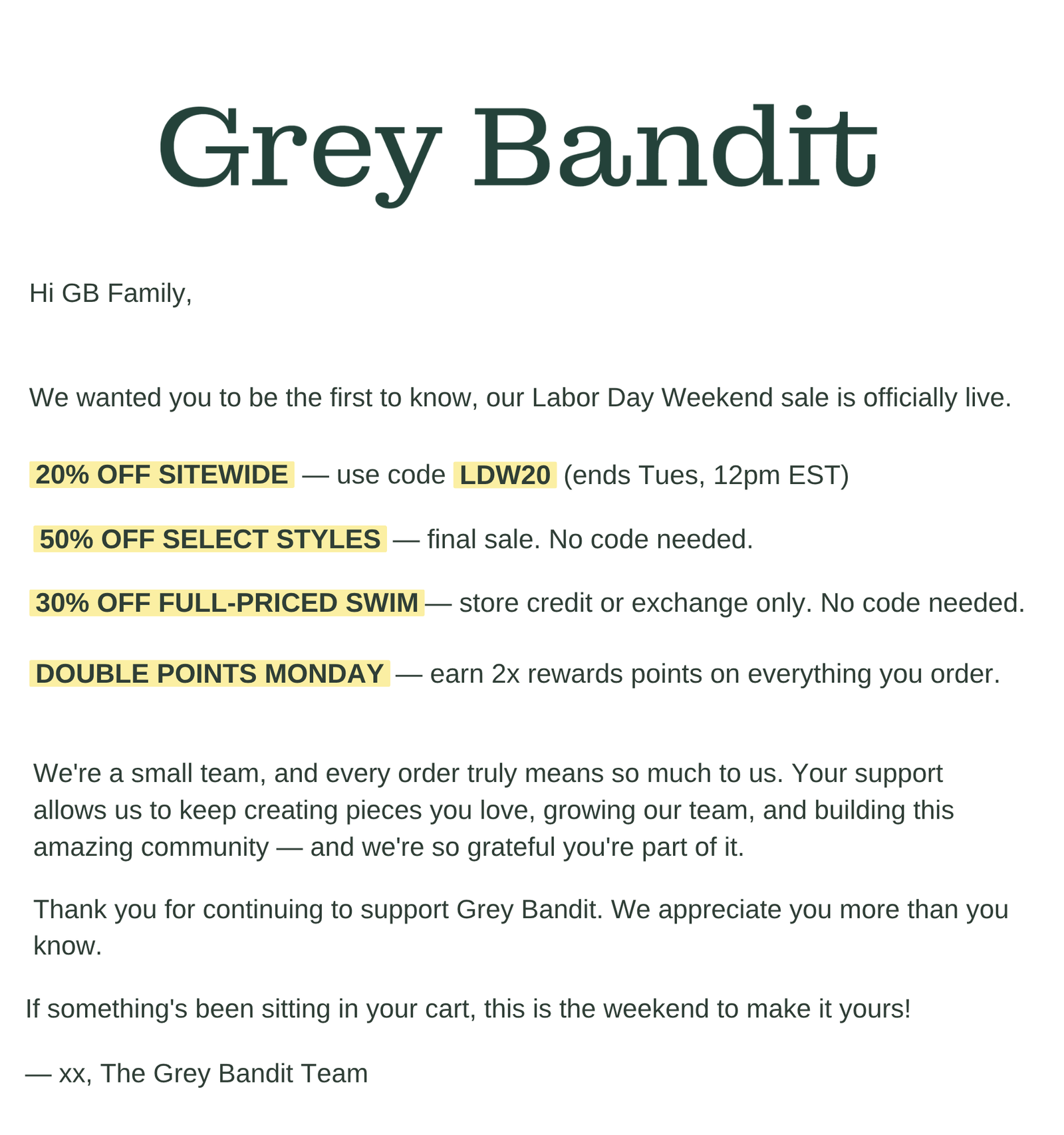 Hi GB family,  We wanted to personally let you know that everything is 20% off sitewide until Tuesday at 12 PM EST with code **LDW20**.  Select styles are also 50% off (final sale!) and full-priced swim is 30% off — swim is store credit or exchange only. No code is required for either offer.  And mark your calendar: Monday is Double Points Day — earn double rewards points on everything you order.  We're a small team, and every order truly means so much to us. Your support allows us to keep creating pieces you love, growing our team, and building this amazing community — and we're so grateful you're part of it.  If something's been sitting in your cart, this weekend might be the perfect time to make it yours :)  [Shop the LDW Sale- homepage Link]  Thank you for continuing to support Grey Bandit. We appreciate you more than you know.  — Xx, The Grey Bandit Team