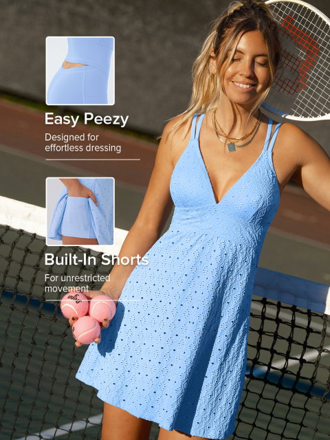 Textured Plunge Built-in-Bra Cross Back Tennis Dress with Pockets-Easy Peezy Edition