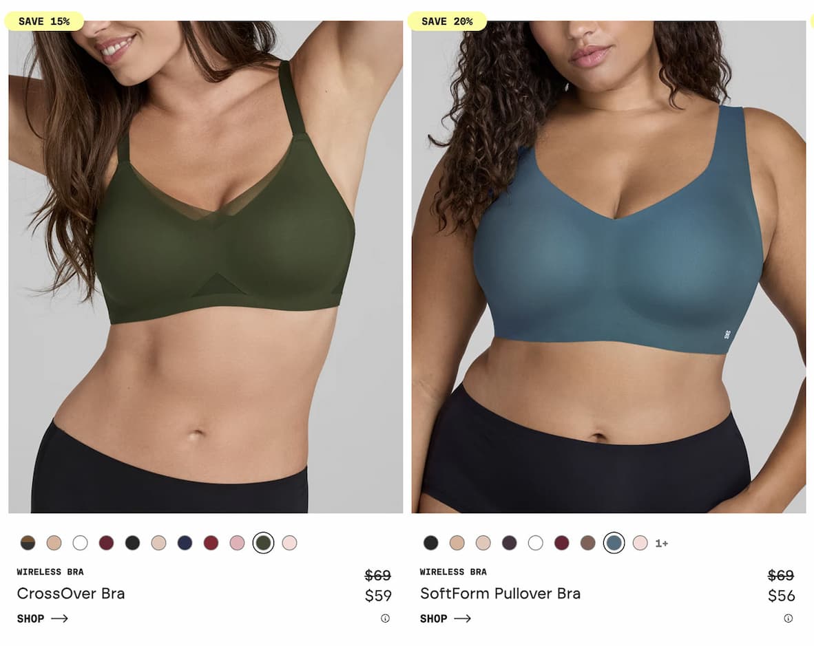 15% OFF | CrossOver Bra | $59 | SHOP NOW | 20% OFF | SoftForm Pullover Bra | $56 | SHOP NOW
