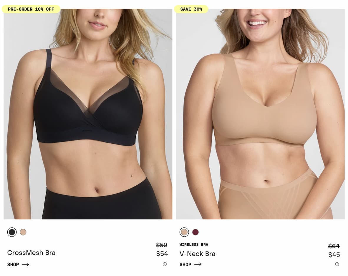 10% OFF | CrossMesh Bra | $54 | SHOP NOW | 30% OFF | V-Neck Bra | $45 | SHOP NOW