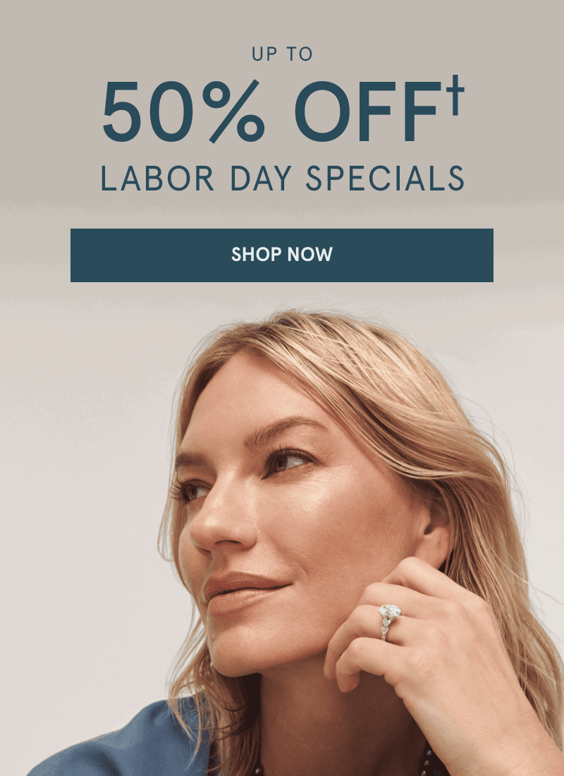 A model wearing an oval-cut diamond engagement ring. Up to 50% off Labor Day specials. Click shop now.