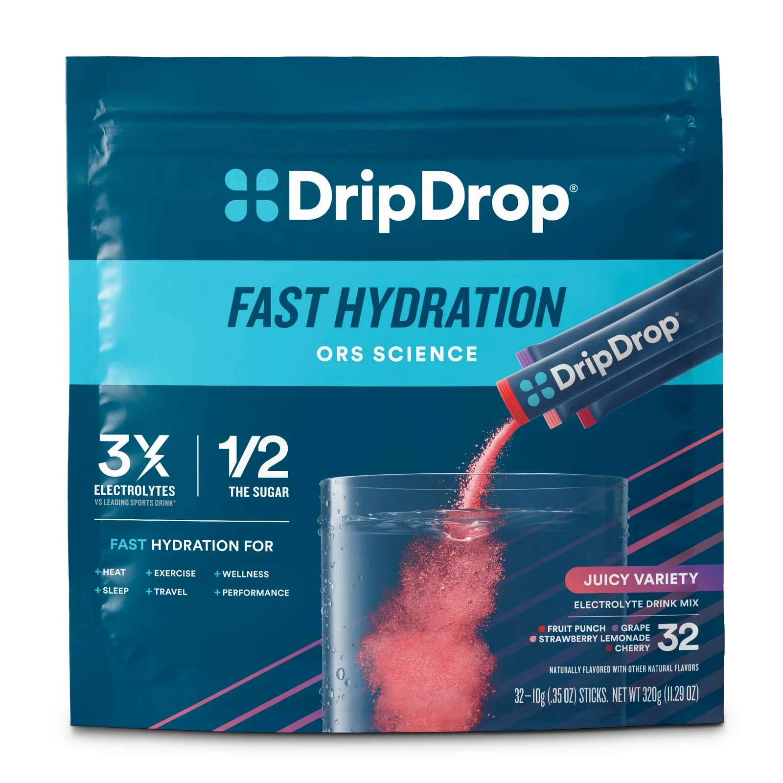 Image of DripDrop Juicy Variety Pack Electrolyte Powder, 8 oz sticks, 32 count
