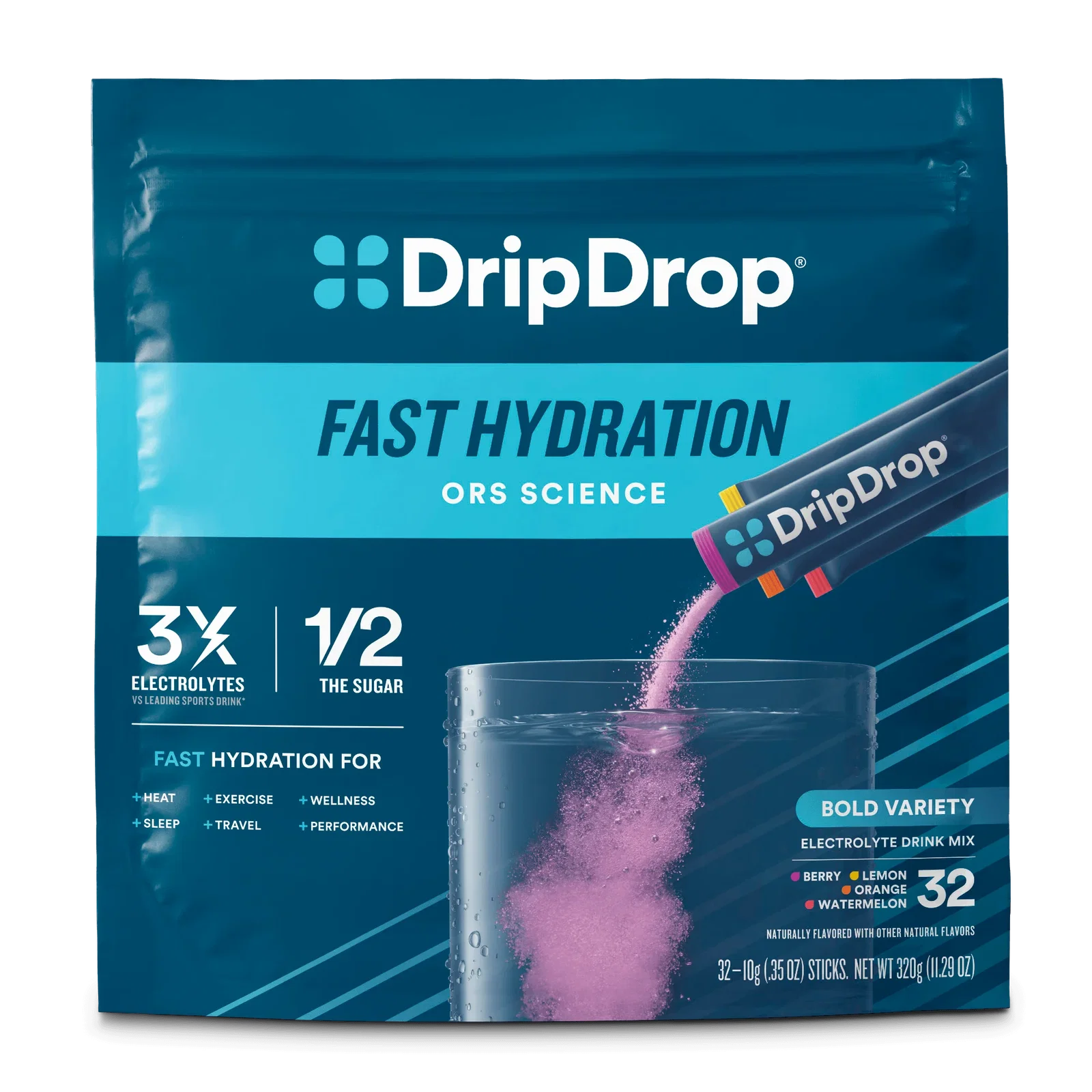 Image of DripDrop Bold Variety Pack Electrolyte Powder, 8 oz sticks, 32 count