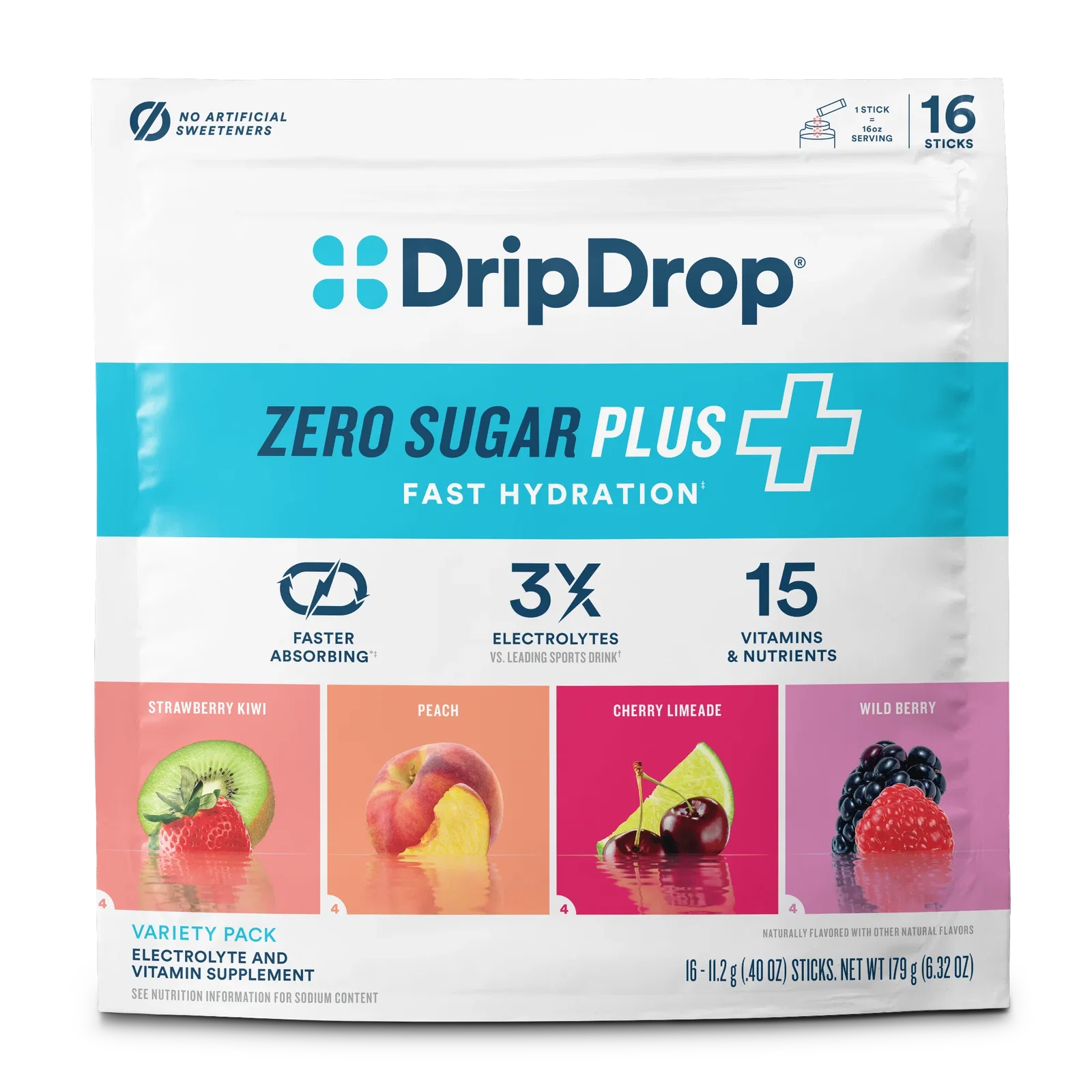 Image of DripDrop Zero Sugar Plus, Fresh Variety Pack, 16 oz sticks, 16 count