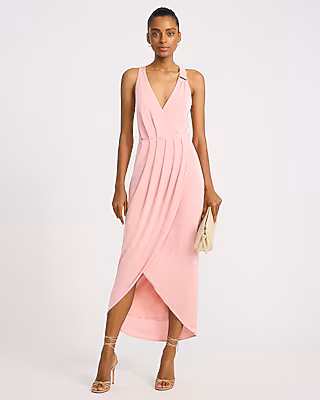 V-Neck Novelty Hardware Pleated Wrap Maxi Dress