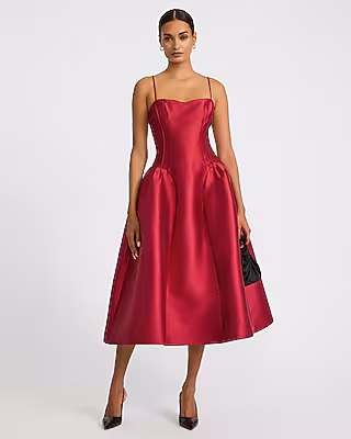 Satin Sweetheart Drop Waist Midi Fit and Flare Dress with Pockets