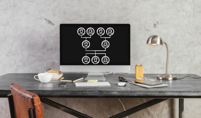 Desktop computer showing a family tree to represent online trees and genealogy software