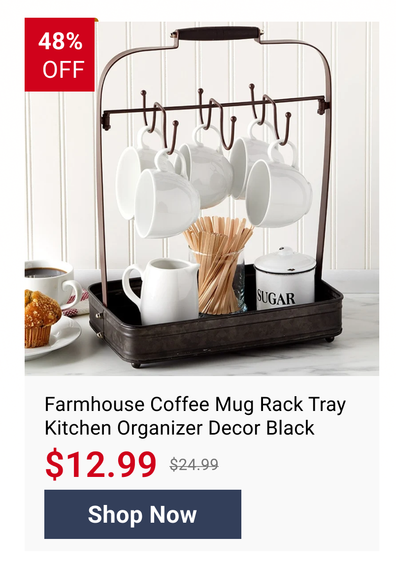 Farmhouse Coffee Mug Rack Tray Kitchen Organizer Decor Black