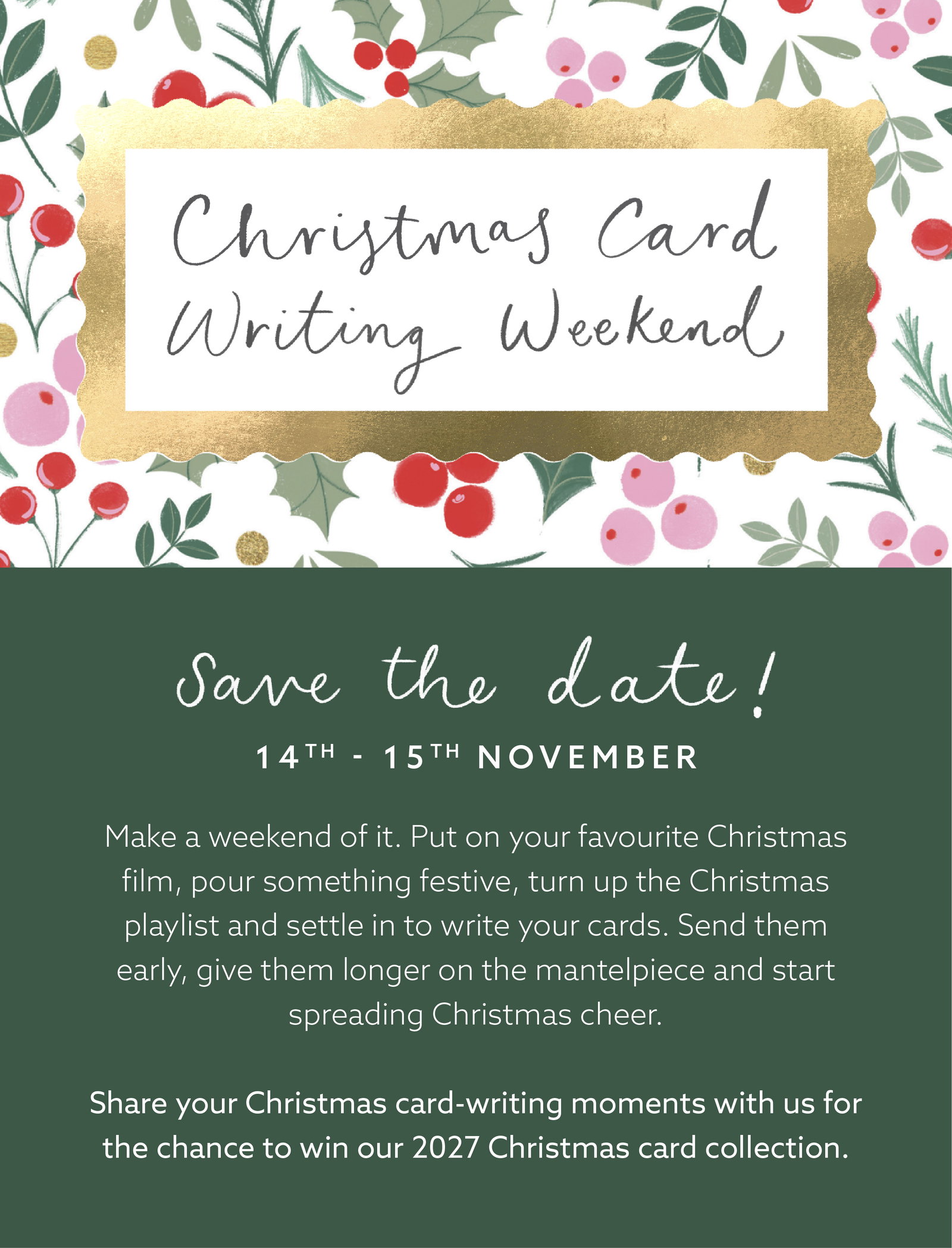 Save the date for Whistlefish Christmas Card Writing Weekend, 14th–15th November. Make a weekend of writing and sending your Christmas cards early.