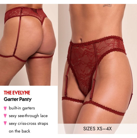 The Evelyne Garter Panty. Built-in garters, sexy see-through lace, sexy criss-cross straps on the back. SIZES XS–4X