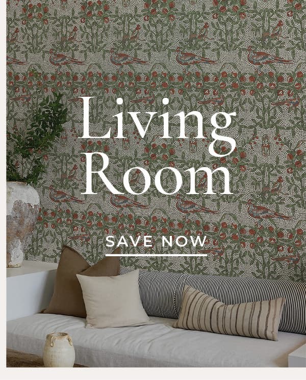 Image of Tempaper's Strata Mosaic wallpaper by Jeremiah Brent installed on a living room wall behind a couch. Text overlay "Living Room Save Now"