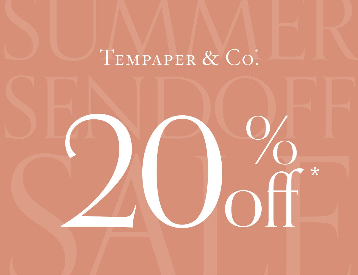 Text block with Tempaper & Co logo and 20% off in white text over the top of lighter yet larger text "Summer Sendoff Sale"