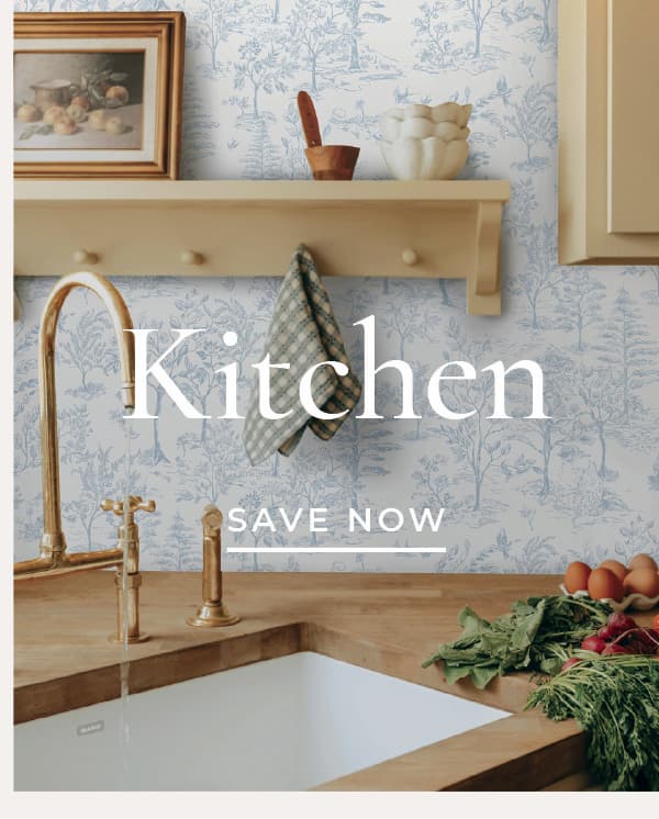 Image of Tempaper's Arbor Toile wallpaper in light blue installed on a kitchen wall with a light colored woode shelf. Text overlay "Kitchen Save Now"
