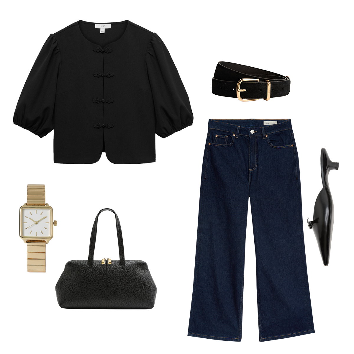 Collage of Black Knot Button Detail Puff Sleeve Top, Wide-Leg Jeans, Hobbs Suede Buckle Belt, Bow Detail Kitten Heels, Square Face Watch & Textured Double Zip Grab Bowler Bag