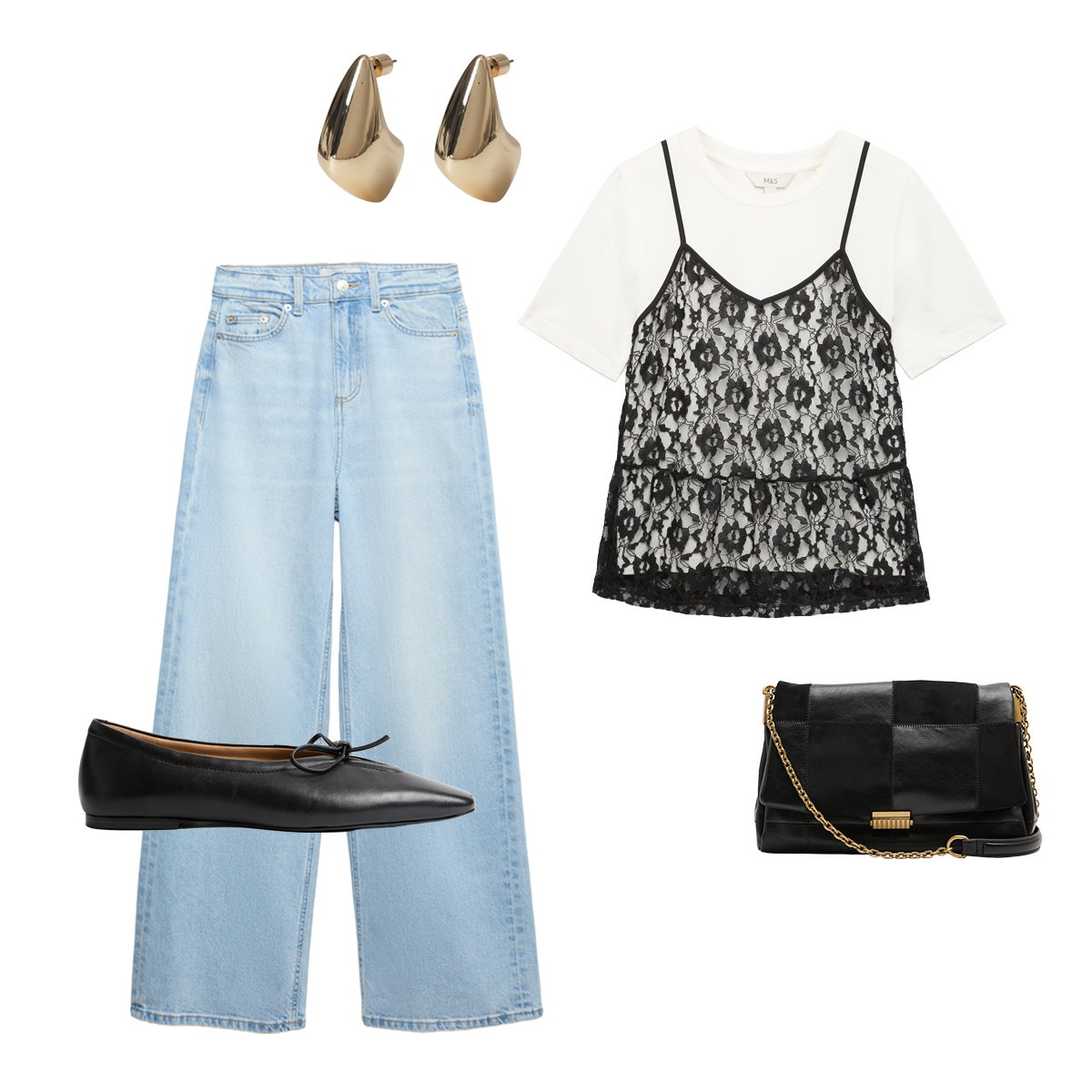 Collage of Pure Cotton Lace Double Layer T-Shirt, Wide-Leg Jeans, Jaeger Leather Slip On Flat Pumps, Quilted Cross Body Bag and Chunky Dome Earrings