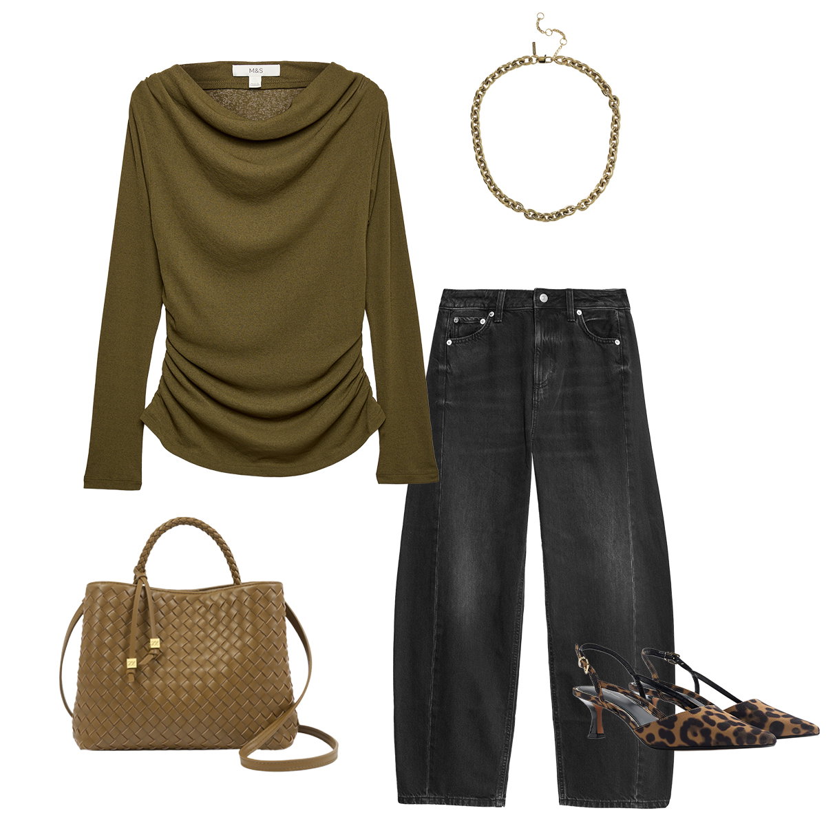 Collage of Cowl Neck Draped Long Sleeve Top, Mid Rise Barrel Jeans, River Island Leopard Print Kitten Heels, Katie Loxton Faux Leather Woven Top Handle Bag and Autograph Chunky Chain Necklace