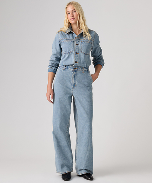 Woman wearing Levi's Denim Wide Leg Jumpsuit