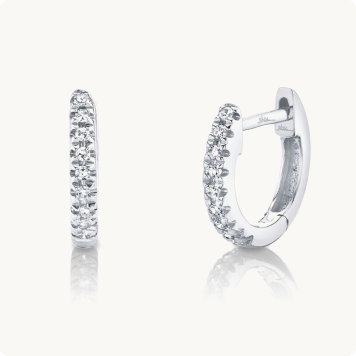 Shy Creation 0.04 ctw Diamond Huggie Earrings in 14k White Gold: Pair of diamond huggie hoop earrings in white gold, shown from front and side angles.