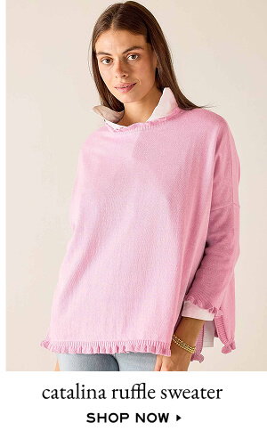 Catalina Ruffle Sweater - Shop now - Image of a woman wearing a light pink sweater with ruffle details