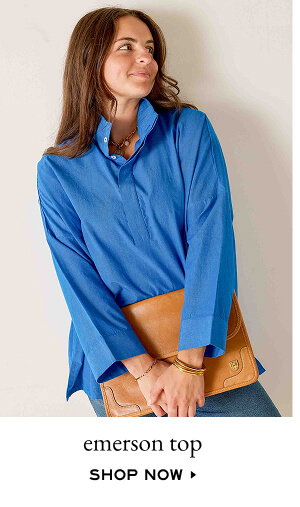 Emerson Top - Shop Now - Image of a woman wearing a blue pop collar top