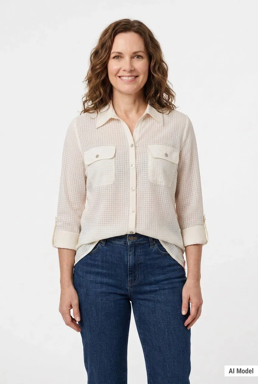 Image of 3/4 Sleeve Windowpane Button-Front Blouse