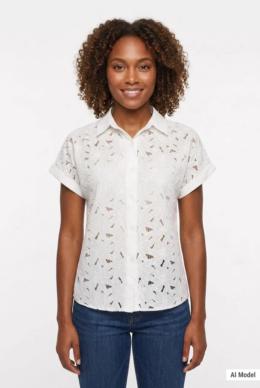 Image of Short Sleeve Eyelet Blouse, Petite