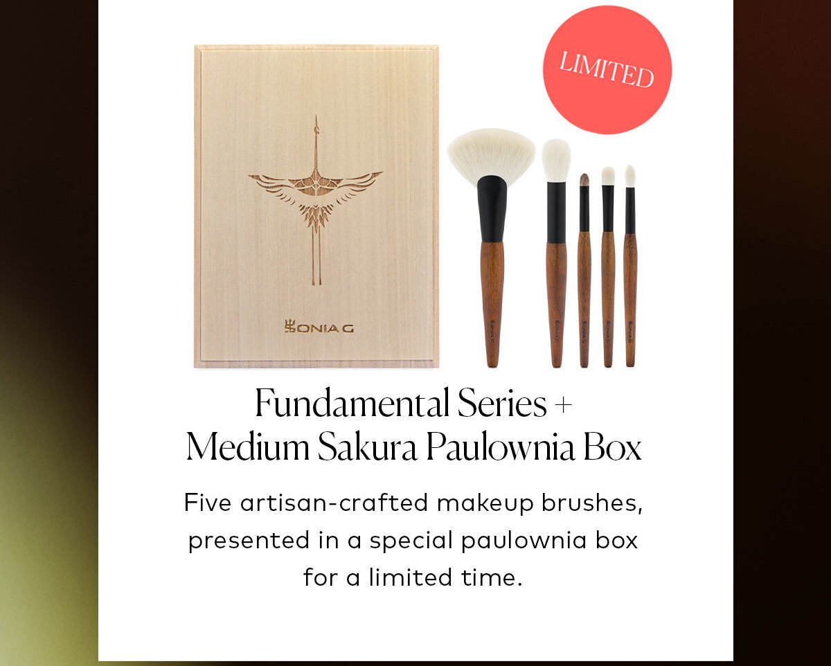Five artisan-crafted makeup brushes, presented in a special paulownia box for a limited time. Shop the Sonia G. Fundamental Series + Medium Sakura Paulownia Box on Beautylish.com