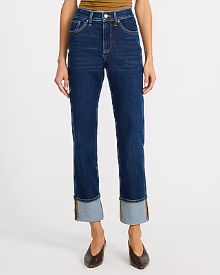High Waisted Cuffed Straight Ankle Dark Wash Jeans in Hyper Stretch
