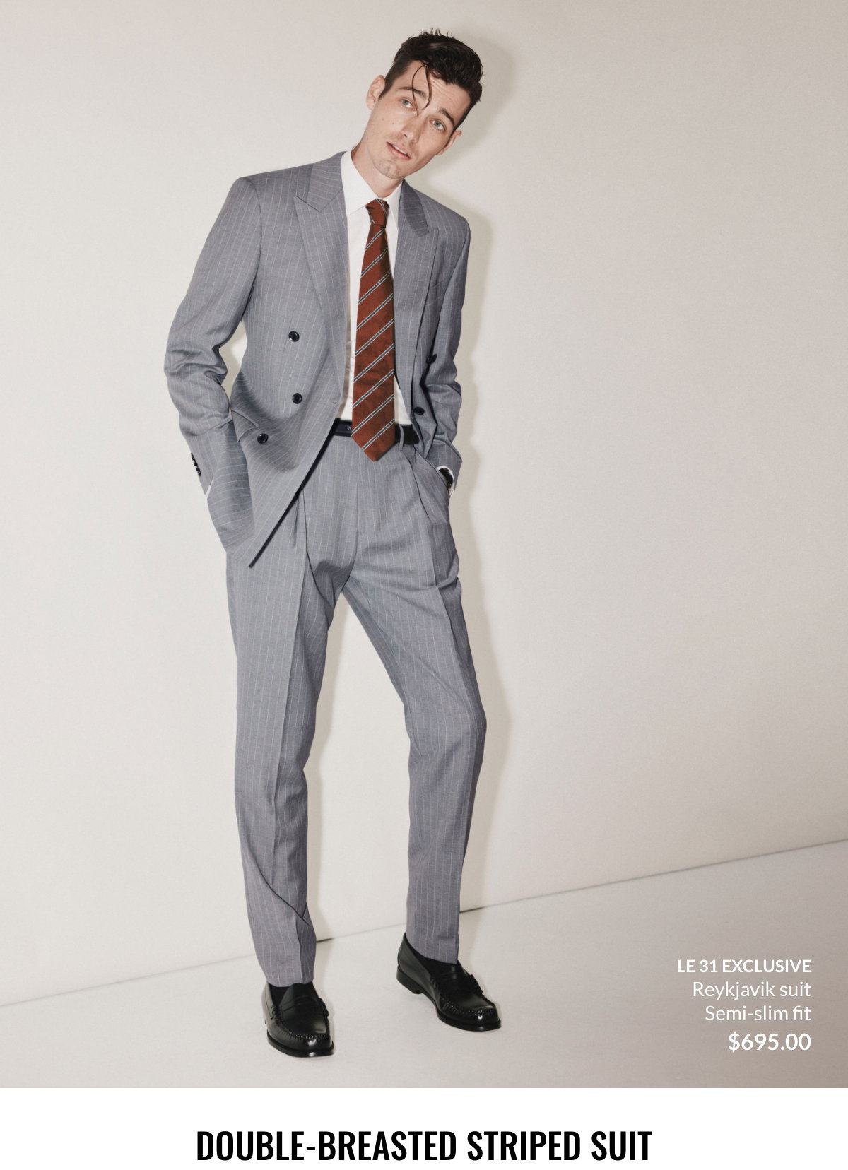 Double-breasted striped suit; Le 31 exclusive; Reykjavik double-breasted suit; Semi-slim fit; 695$