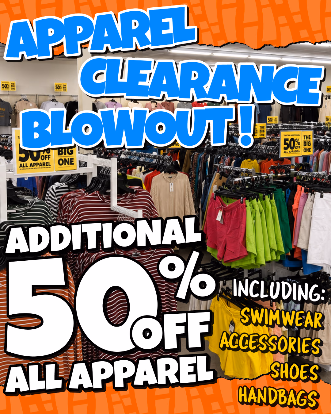 50% off all apparel including swimwear, accessories, shoes, and handbags