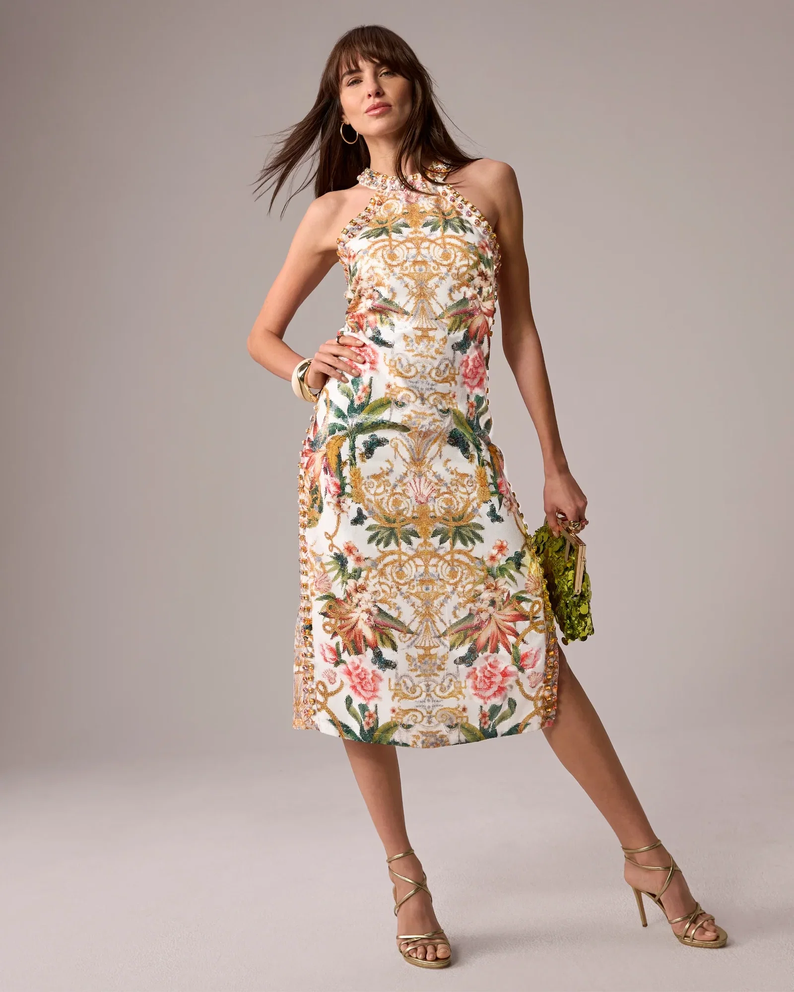 Image of High Neck Printed Gem & Sequin Sheath Dress Vacation at the Lotus