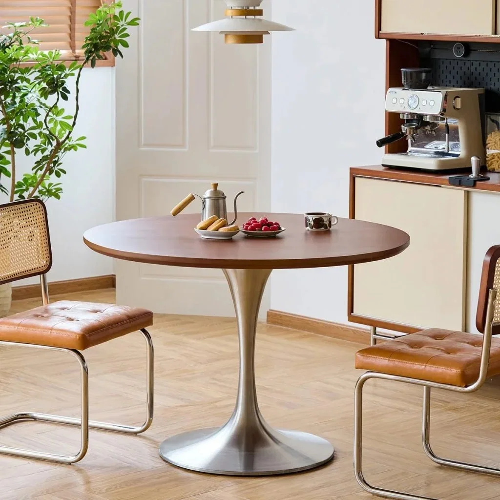 Almoro Boxwood & Stainless Steel Round Dining Table, Timber Top, 95cm