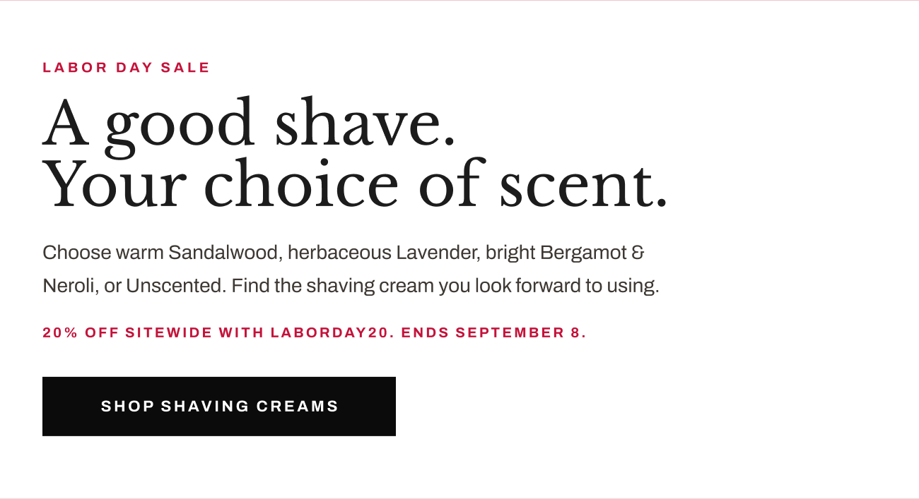 Header text, “A good shave. Your choice of scent.” with “Shop Shaving Creams” button.