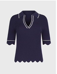Navy Ribbed Cardigan With White Border, Scalloped Sleeves and Crystal Buttons