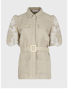 Sand Linen Safari Shirt Jacket with White Embroidered Lace