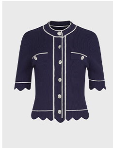 Navy 3/4 Sleeve Knit Pullover Top With V-Neckline, Scalloped Hem and White Contrasting Piping