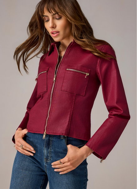 Cropped Zip Front Coated Denim Jacket