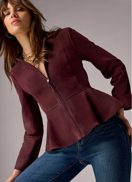 Faux Suede Zip Up Peplum Jacket