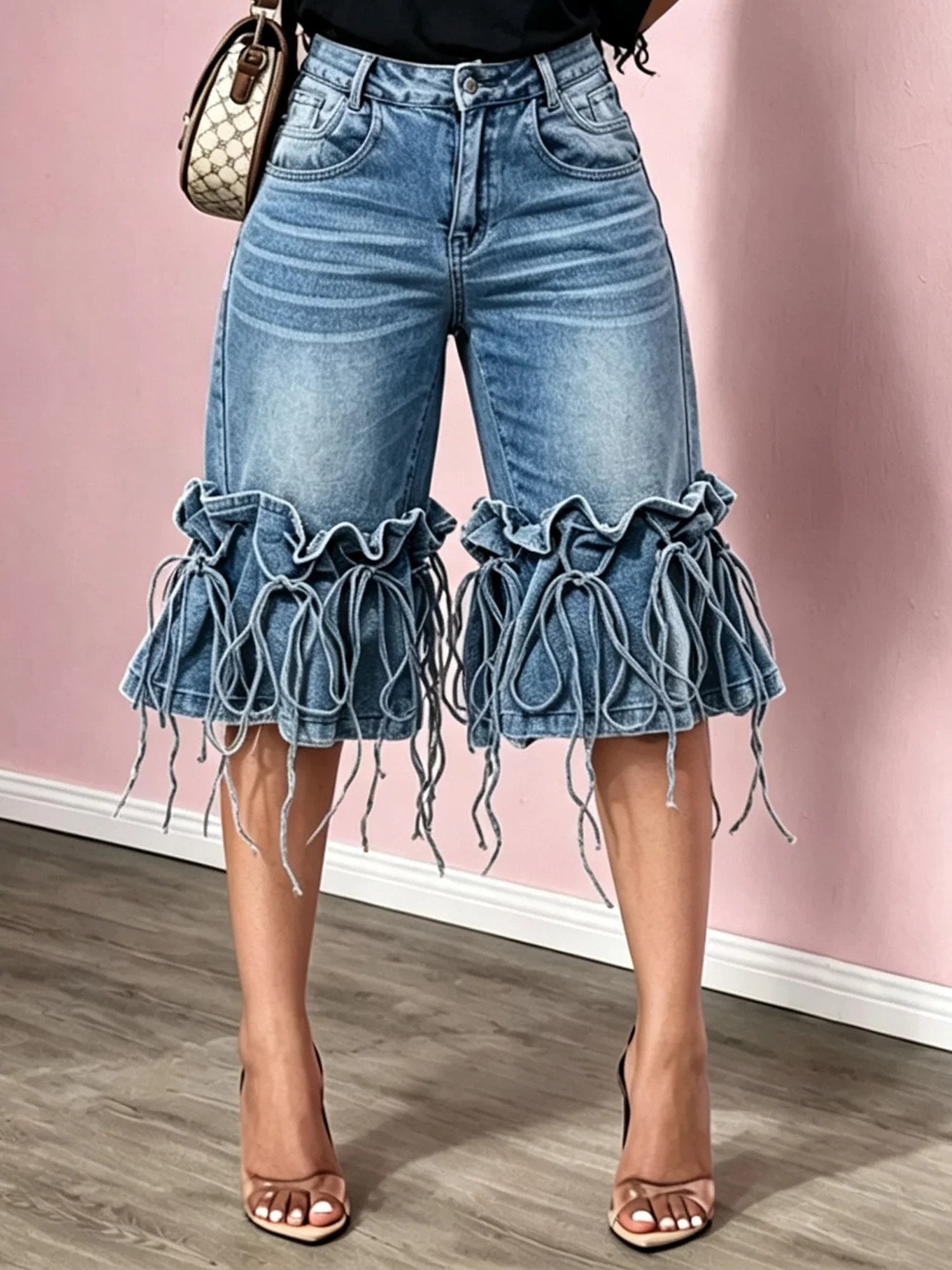 Casual Lace-Up Denim Shorts