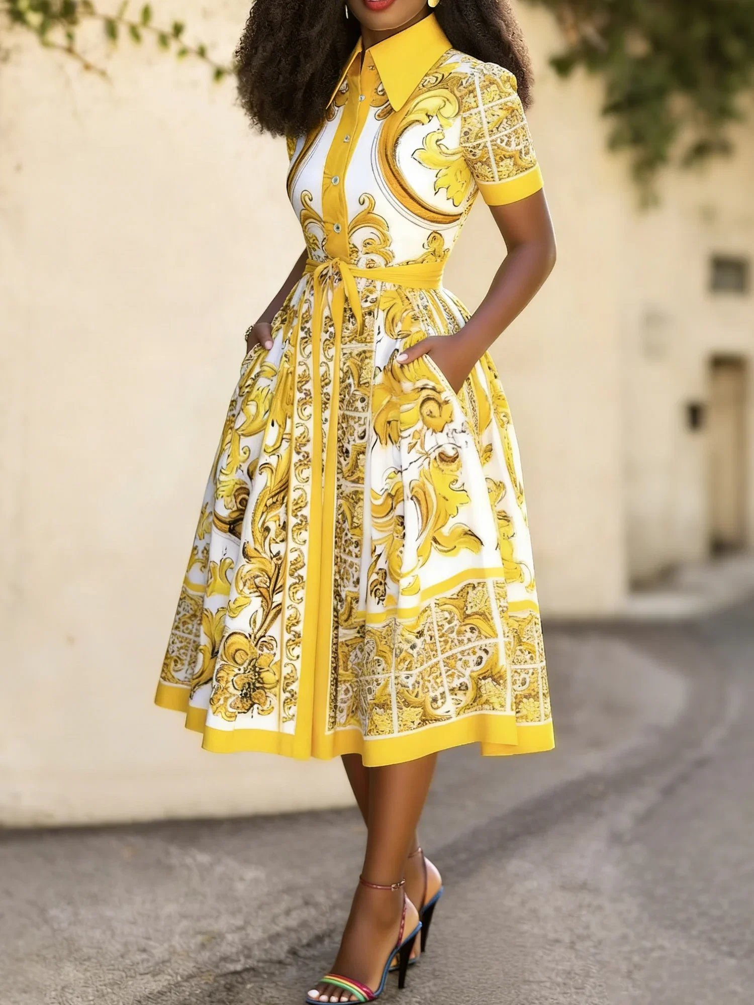 Urban Ethnic Print Tailored Midi Shirt Dress With Belt