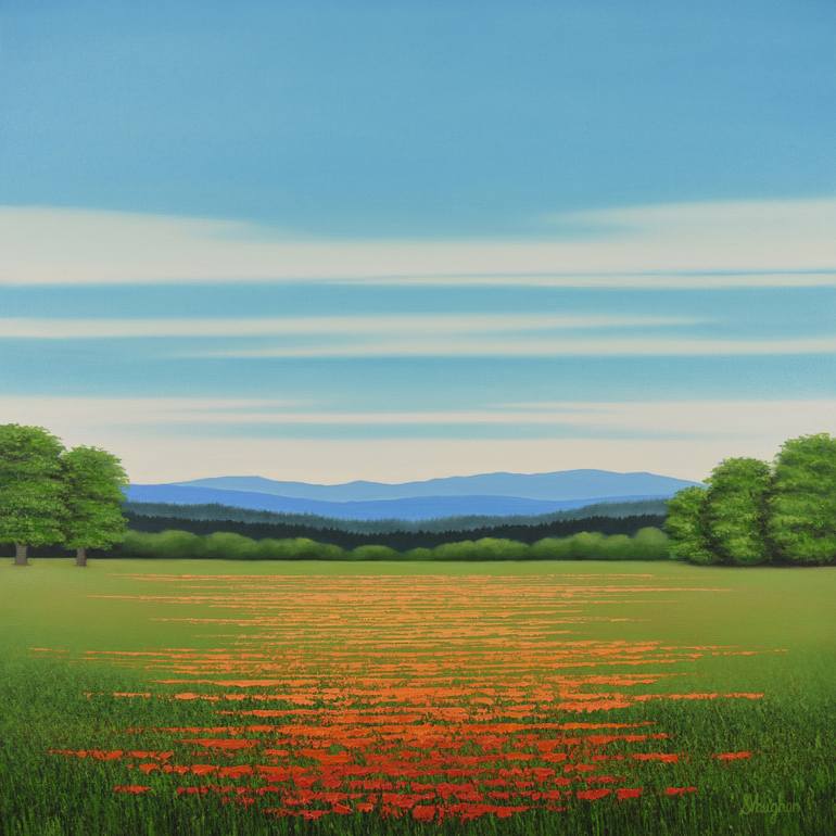 Landscape painting mountains and field