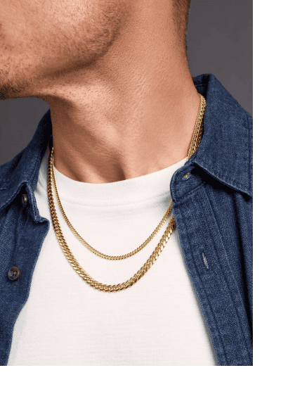 Layered yellow gold curb and paperclip chain necklaces.