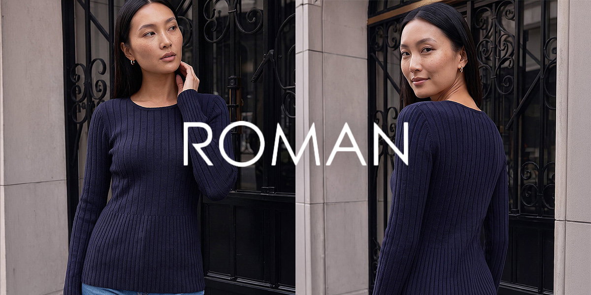 Woman wearing a Roman Navy Ribbed Round Neck Fitted Jumper