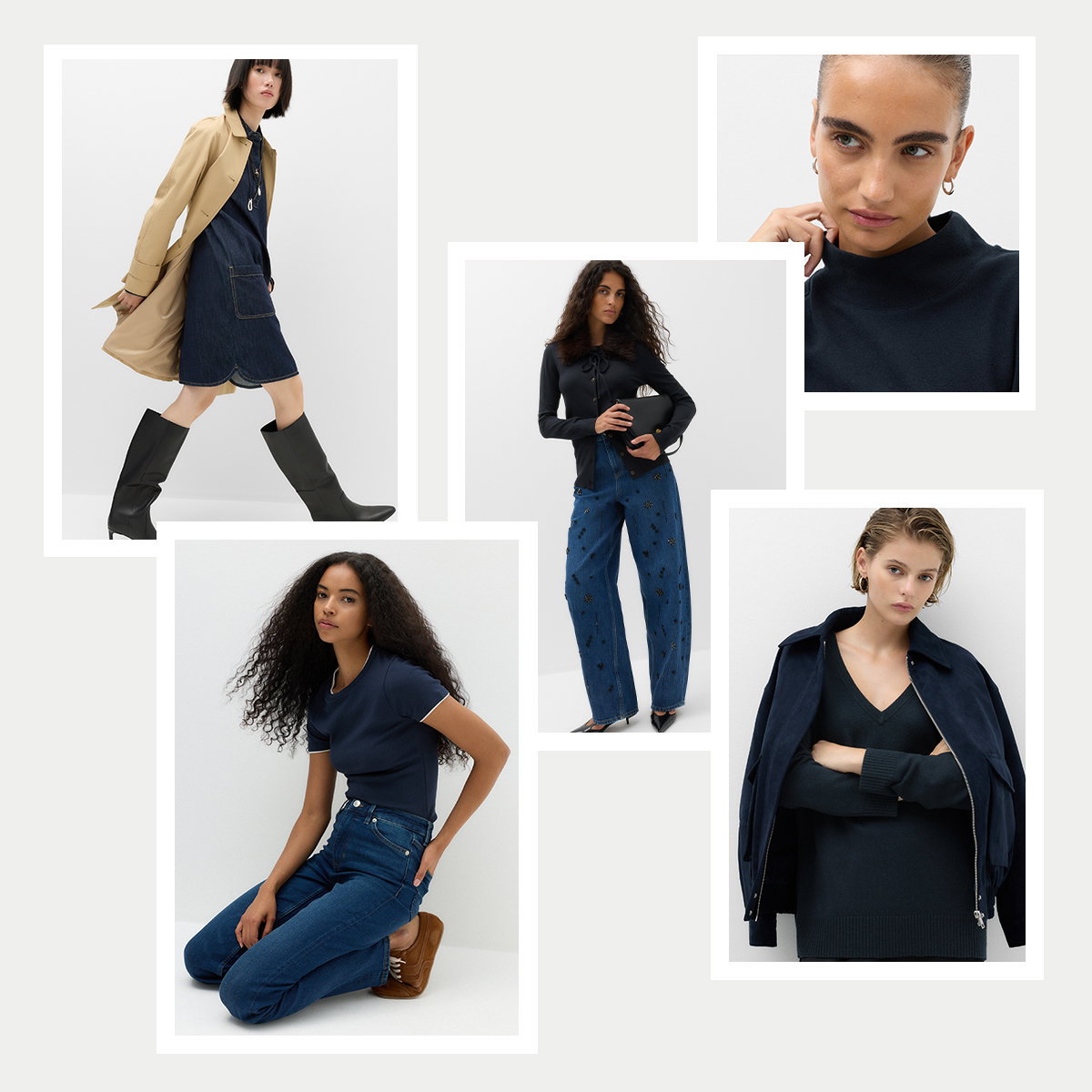 Women wearing a selection of navy just arrived clothing