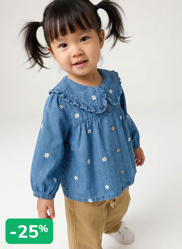 Denim blouse with long sleeves for baby girls - stone