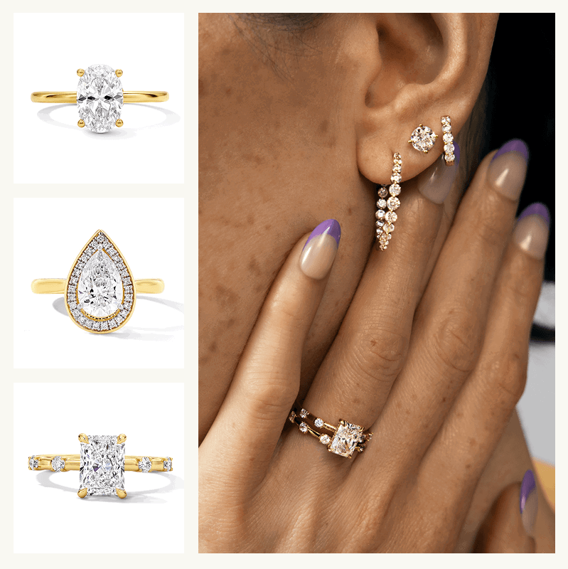 Three gold diamond rings: oval, pear & radiant-cut, & a model wearing the radiant-cut ring paired with matching band & diamond ear stack