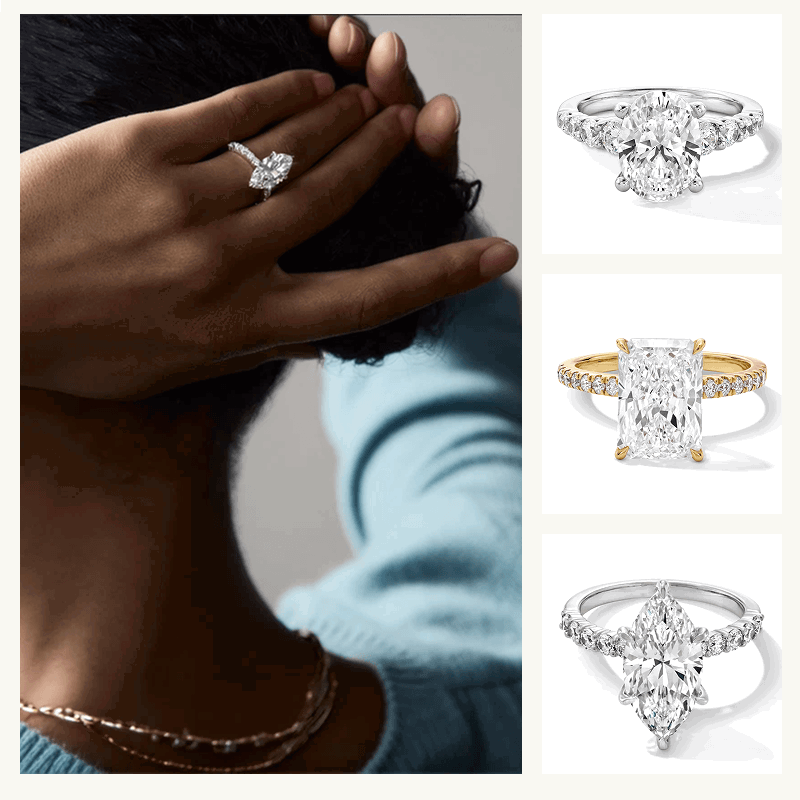 Model wearing marquise-cut diamond ring on pavé band & three diamond rings on pavé bands: oval, radiant & marquise-cut.