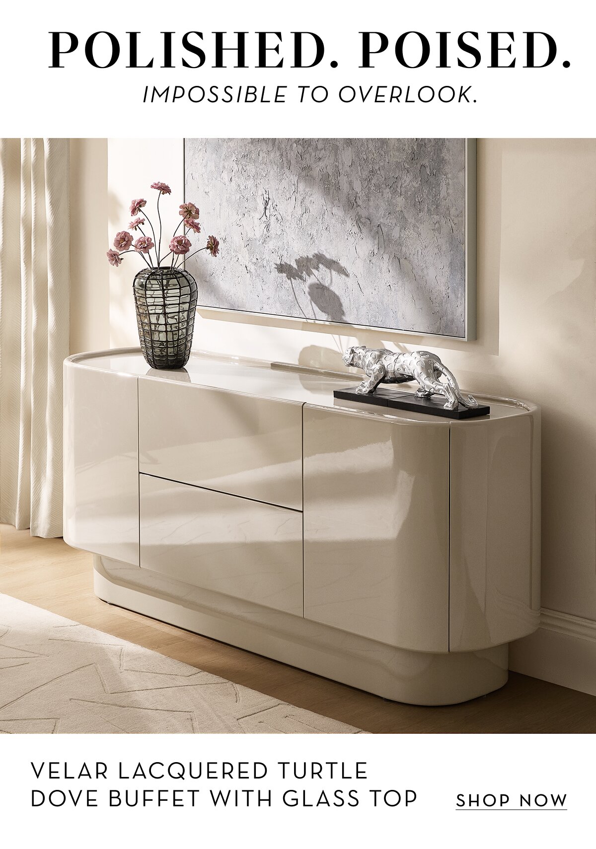 Velar Lacquered Turtle Dove Buffet With Glass Top